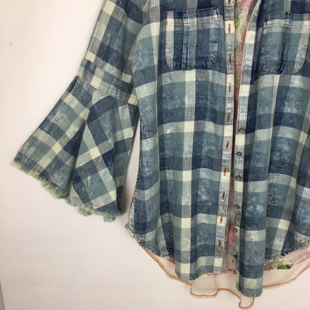Aratta Silent Journey Plaid Chambray Floral Embroidered Button Down Top Blouse - Picture 5 of 16